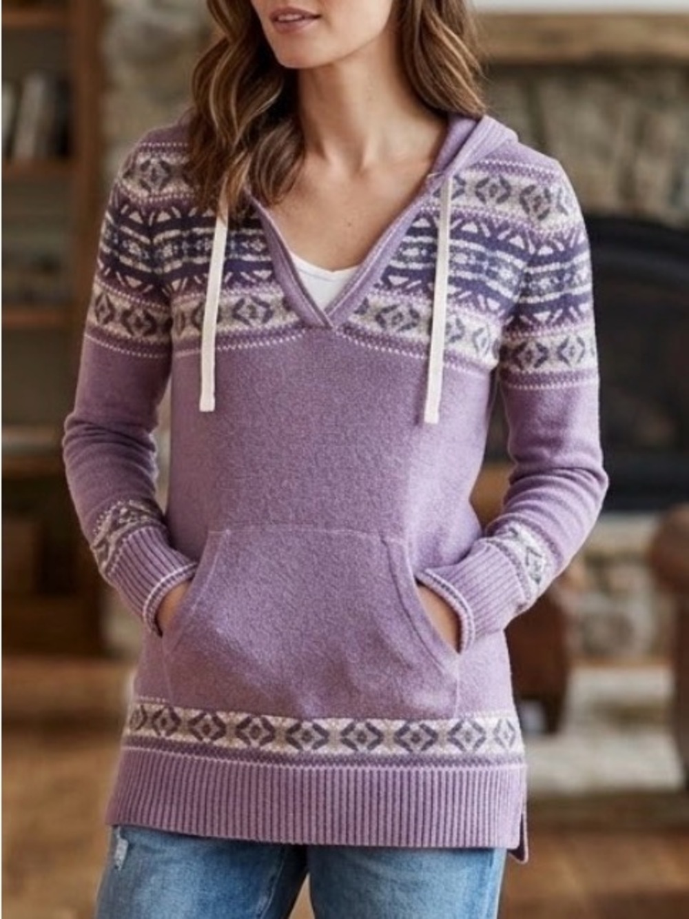 Eddie Bauer Lavender Fair Isle V-Neck Hooded Sweater
